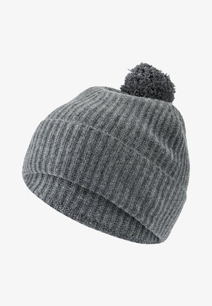 Bonnet en tricot gris avec une texture côtelée et une forme arrondie, ornée d'un pompon duveteux sur le dessus. Matériau doux offrant chaleur et élasticité.