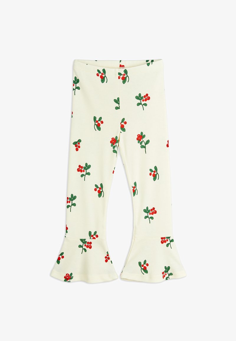 Cremfarbene, ausgestellt geschnittene Leggings mit einem wiederholten Muster aus grünen Blättern und roten Beeren. Weicher Stoff mit einem elastischen Bund.