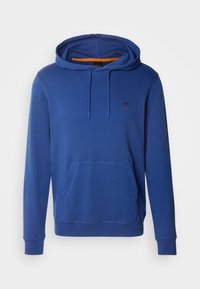 Sweat à capuche bleu avec poche kangourou sur le devant, cordons ajustables et petite écusson logo sur la poitrine.