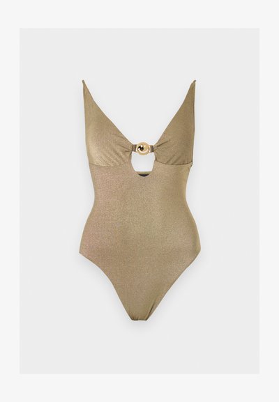 Χρυστό ολόσωμο μαγιό με βαθύ V-λαιμόκοψη, κεντρικό άνοιγμα και κυκλικό χρυσό κούμπωμα μπροστά.