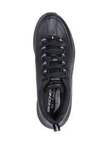 Zapatilla de cuero negra con cordones grises, que cuenta con un cuello acolchado y una plantilla acolchada etiquetada como "Arch Fit" para mayor soporte.