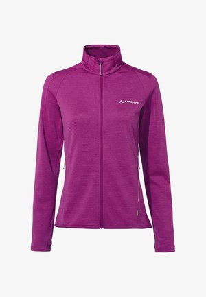 Veste violette pour femme à fermeture éclair intégrale, col montant, manches longues, poches latérales zippées et logo « Vaude » sur la poitrine gauche.