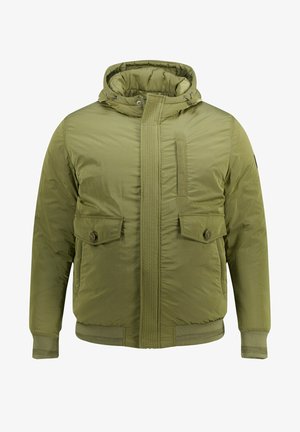 Svetle olivově zelená péřová bunda s kapucí, se dvěma předními kapsami, žebrovanými manžetami a texturovaným designem předního panelu. Lehký nylonový materiál.
