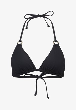 Haut de bikini en triangle noir en tissu lisse. Comprend des liens réglables autour du cou et au dos, avec des accents en anneau doré.