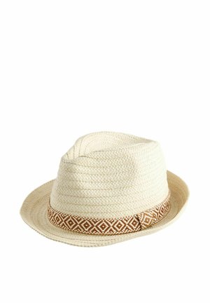 Light beige woven fedora hat with a wide brim and a brown patterned fabric band around the base of the crown.