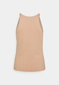 Canotta beige a coste con scollo alto e ampi fori per le braccia. Texture liscia e silhouette aderente, progettata per una vestibilità in prossimità del corpo.