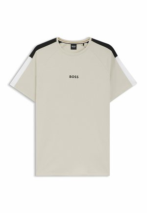 Hellbeiges Kurzarm-T-Shirt mit schwarz-weißen Schulterstreifen und „BOSS“-Logo mittig auf der Brust.