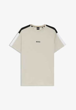 Hellbeiges Kurzarm-T-Shirt mit schwarz-weißen Schulterstreifen und „BOSS“-Logo mittig auf der Brust.