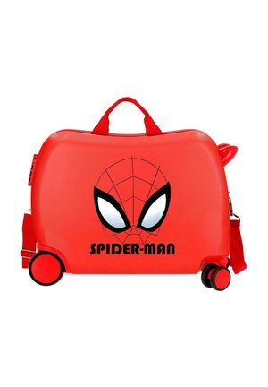 Maleta dura roja de Spider-Man con grandes ojos y diseño de telaraña, dos ruedas, asa para llevar y correa ajustable para el hombro.