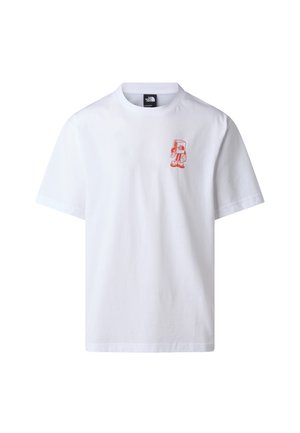 Witte T-shirt met korte mouwen met een klein rood cartoonfiguurtje dat een The North Face-logo vasthoudt op de borst, met een ronde hals.