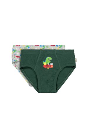 Ropa interior tipo slip para dos niños, uno de color verde oscuro con un diseño de dinosaurio y la palabra "play", y otro de color gris claro con patrones coloridos de dinosaurios.