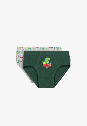 Ropa interior tipo slip para dos niños, uno de color verde oscuro con un diseño de dinosaurio y la palabra "play", y otro de color gris claro con patrones coloridos de dinosaurios.