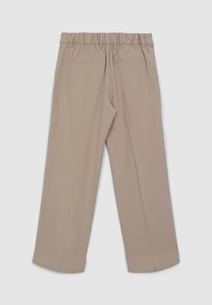 Beige Hosen mit weitem Bein aus glattem Stoff. Ausgestattet mit einem elastischen Bund und zwei Gesäßtaschen. Klare Linien und eine maßgeschneiderte Form.