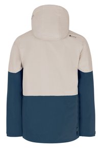 Heren waterdichte jack met een lichtbeige bovenstuk en een marineblauw onderstuk. Glad materiaal met een capuchon en verstelbare manchetten.