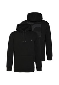 Zwarte pullover hoodie van een katoenmix. Heeft een zakje aan de voorkant, een capuchon met trekkoord en een grafische print op de achterkant. Standaard pasvorm.