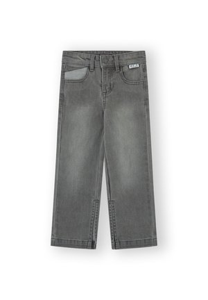 Pantalones de mezclilla gris con corte recto, diseño de cinco bolsillos y cierre de botón. Textura suave con un sutil desgaste.