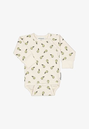 Langærmet babybody i cremet farve med grønne pæreprint og trykknapper på skulder og bund for nem påklædning.