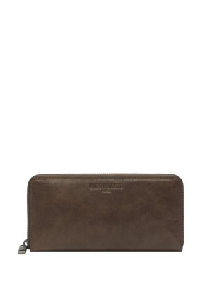 Brown leather zip-around wallet with embossed "Liebeskind Berlin" logo and silver zipper pull, displayed on white background.