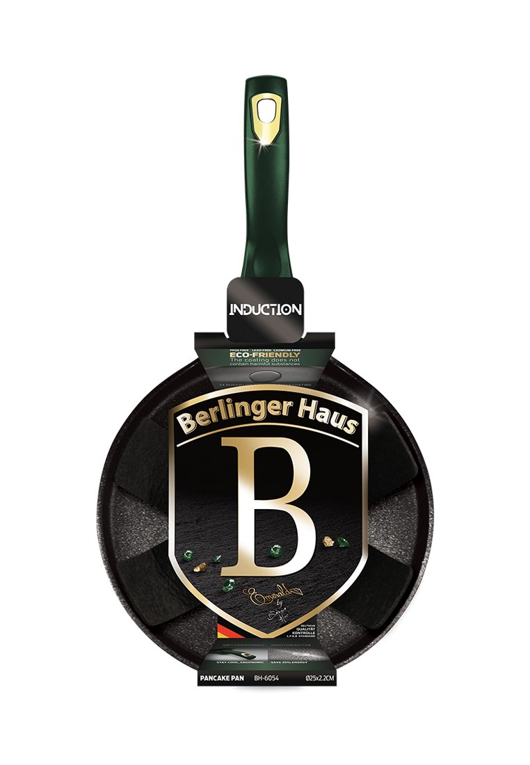 Patelnia do naleśników Berlinger Haus z nieprzywierającą powłoką, zieloną rączką, kompatybilna z indukcją, z ekologiczną powłoką i czarnym textured wnętrzem.