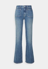 Modré denimové zvonové džíny s vysokým pasem, které mají pět kapsiček, zakřivené švy a jemné vyblednutí látky.