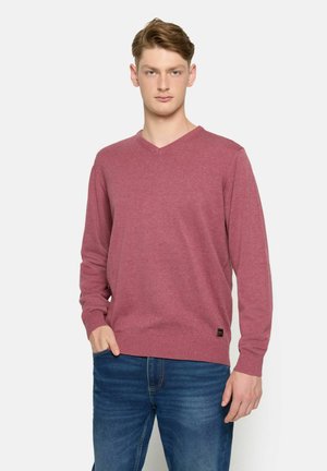 V-Ausschnitt-Pullover in sanftem Rosa, aus weichem Stoff gefertigt. Mit gerippten Bündchen und Saum, einem kleinen Etikett an der unteren Seite und einem lässigen Schnitt.