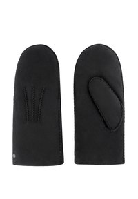 Schwarze Lederhandschuhe mit abgerundeten Spitzen, die mit einer gestickten Akzentuierung und einer Daumenöffnung ausgestattet sind. Sie zeichnen sich durch eine glatte Textur und ein einfaches Design aus.