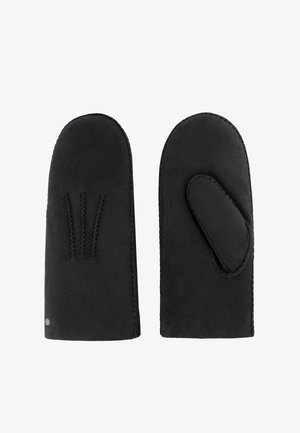 Black leather mittens with rounded tops, featuring a stitched accent and a thumb opening, showcasing a smooth texture and simple design.