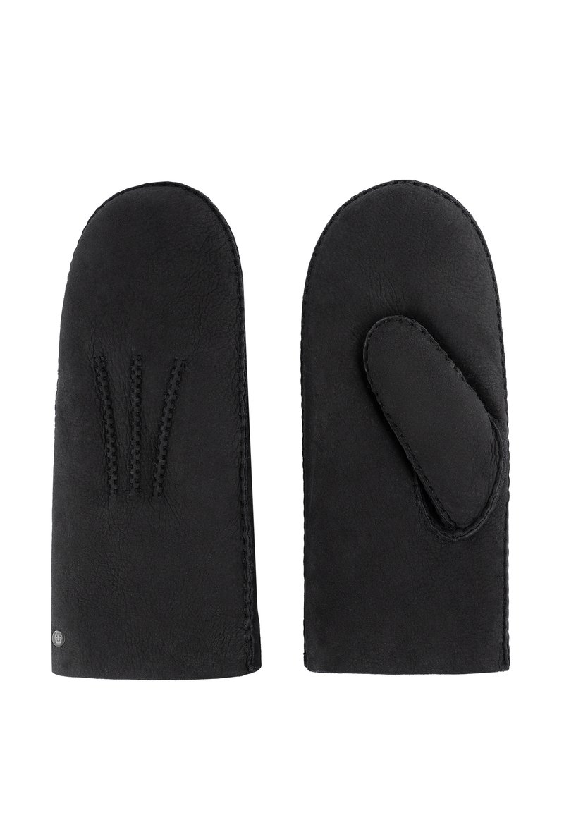 Schwarze Lederhandschuhe mit abgerundeten Spitzen, die mit einer gestickten Akzentuierung und einer Daumenöffnung ausgestattet sind. Sie zeichnen sich durch eine glatte Textur und ein einfaches Design aus.