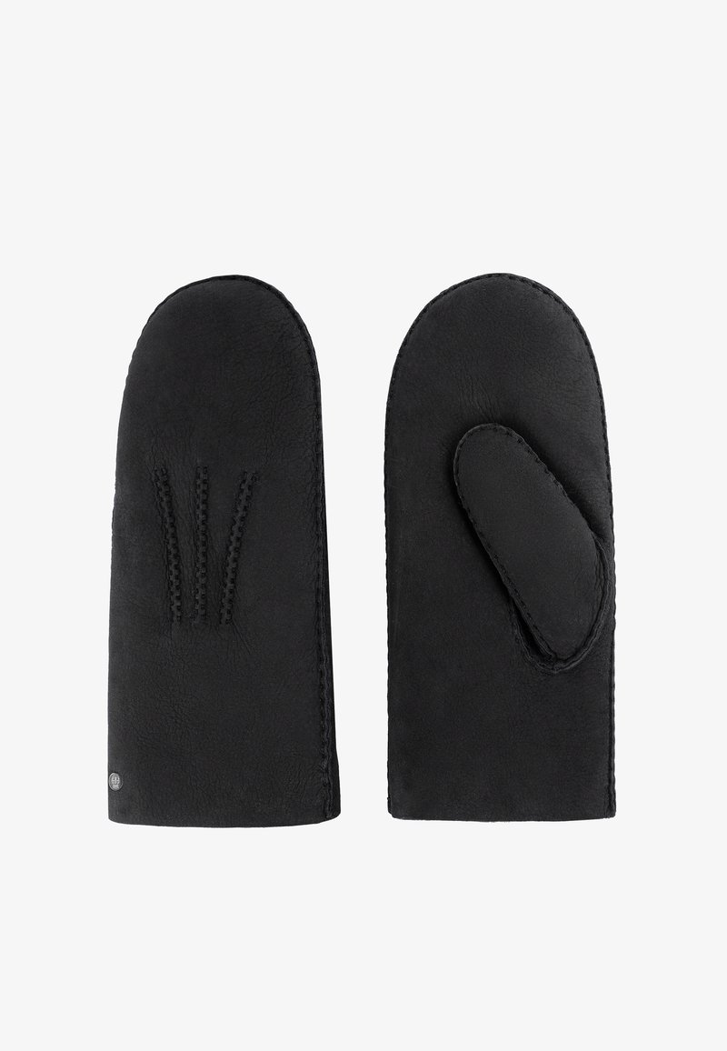 Schwarze Lederhandschuhe mit abgerundeten Spitzen, die mit einer gestickten Akzentuierung und einer Daumenöffnung ausgestattet sind. Sie zeichnen sich durch eine glatte Textur und ein einfaches Design aus.