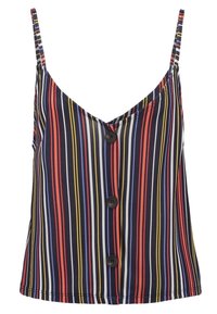 Canotta a righe con spalline regolabili, scollatura a V e quattro bottoni scuri sulla parte anteriore. I colori comprendono navy, rosso, giallo e viola.