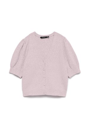 Lys lavendel knappe opp cardigan med korte puffete ermer og mykt teksturert strikkestoff på hvit bakgrunn.