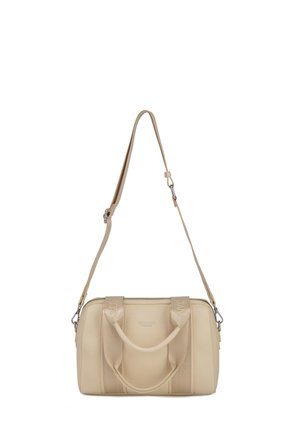 Beige leren handtas met dubbele bovenhandvatten en verstelbare schouderriem, met subtiele merkopdruk aan de voorkant.