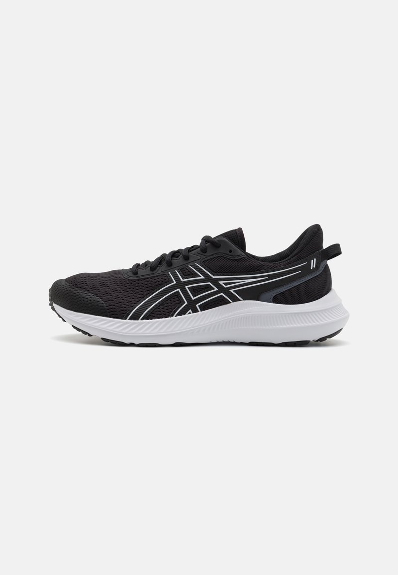 Black athletic shoe with a textured mesh upper, white midsole, black outsole, and silver accents on the lateral side for added design.