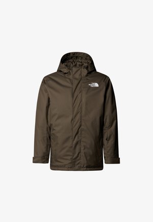 Hnědá nepromokavá bunda s kapucí, se zapínáním na přední zip a logem na levé straně hrudi. Hladká textura a nastavitelné manžety.