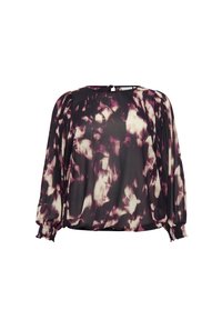 Black and purple floral-patterned blouse with long puff sleeves, elastic cuffs, and a round neck. Soft, lightweight fabric, relaxed fit.