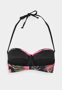 Zwart en bloemig strapless bikini-top met voorgevormde cups, met roze en groene bladvormen en een sluiting met een middenklip.