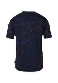 Korteærmet marineblå t-shirt med et geometrisk mønster af krydsende linjer i lysere blå, lavet af et glat, syntetisk stof.