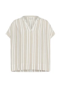 Haut léger à manches courtes avec un col en V, présentant des rayures verticales beiges et blanches, fabriqué dans un tissu doux et respirant.