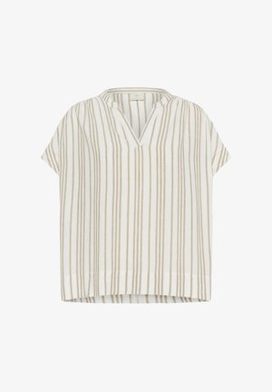 Viegls īsām piedurknēm tops ar V-veida kakla izgriezumu, ar vertikālām bēšām un baltām svītrām, izgatavots no mīkstas, elpojošas auduma.