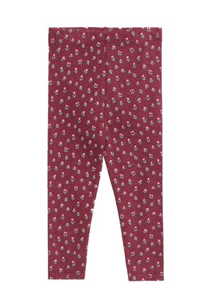 Leggings color bordeaux con una trama a coste, caratterizzati da un motivo floreale con piccoli fiori rosa e foglie verdi su tutta la superficie.