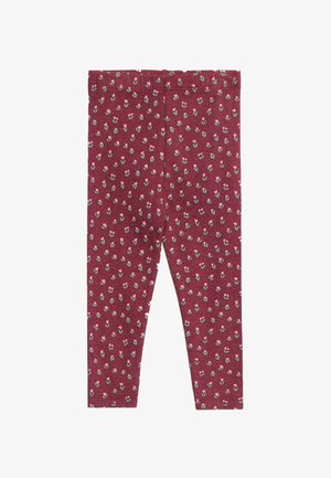 Leggings color bordeaux con una trama a coste, caratterizzati da un motivo floreale con piccoli fiori rosa e foglie verdi su tutta la superficie.