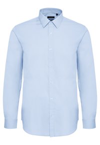 Ljusblå långärmad skjorta i bomull. Har en spetsig krage, knappstängning framtill och rundad nederkant. Slät struktur utan mönster.