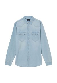 Helleblaues Denim-Hemd mit langen Ärmeln, zwei Brusttaschen, spitzem Kragen und durchgehender Knopfleiste. Besitzt ein klassisches Yoke-Design im Western-Stil.