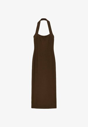 Rjava halter-ščitna obleka iz gladkega blaga z oprijetim korpusom in dolgotrajno, ravno silhueto. Minimalistična zasnova brez okrasnih elementov.
