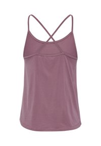 Débardeur mauve à texture douce, avec de fines bretelles croisées et un ourlet arrondi. Design simple, tissu léger, sans motifs.