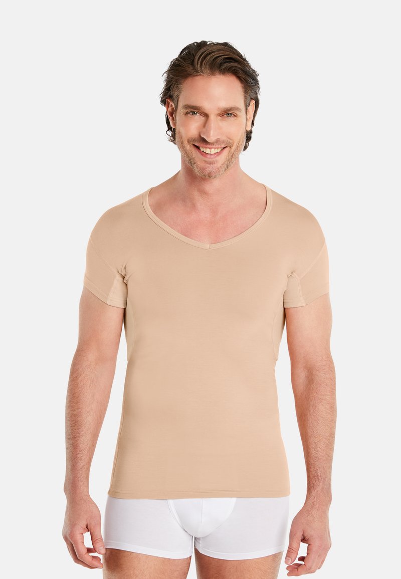 Beige short-sleeve V-neck shirt made from soft, stretchy fabric. Smooth texture, fitted design, and minimal seams for comfort.