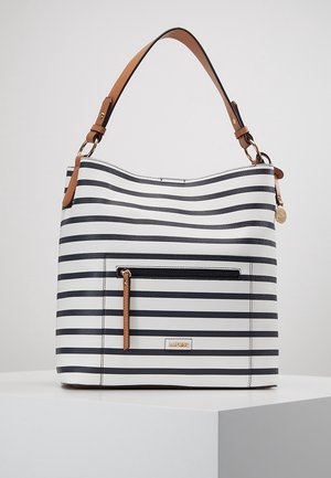 White handbag with horizontal black stripes, a front zip pocket, and a brown adjustable shoulder strap.