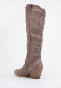 Botte hauteur genou en daim taupe avec une fermeture éclair latérale, présentant des coutures décoratives et un talon bloc. Texture lisse avec un éclat subtil.