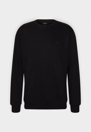 Black sweatshirt made of cotton, featuring a round neck, long sleeves, and ribbed cuffs. Subtle logo detail on the chest. Minimalist design.