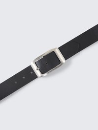 Black leather belt with a rectangular silver metal buckle and rectangular cutout detail, featuring adjustment holes for sizing.